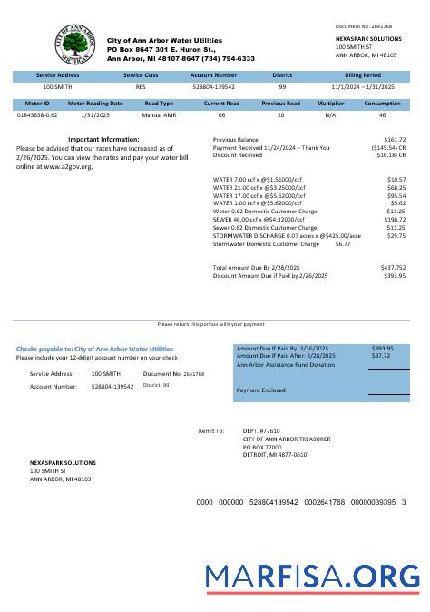 Blank USA Michigan City of Ann Arbor Water Utilities business utility bill template in Word and PDF formats
